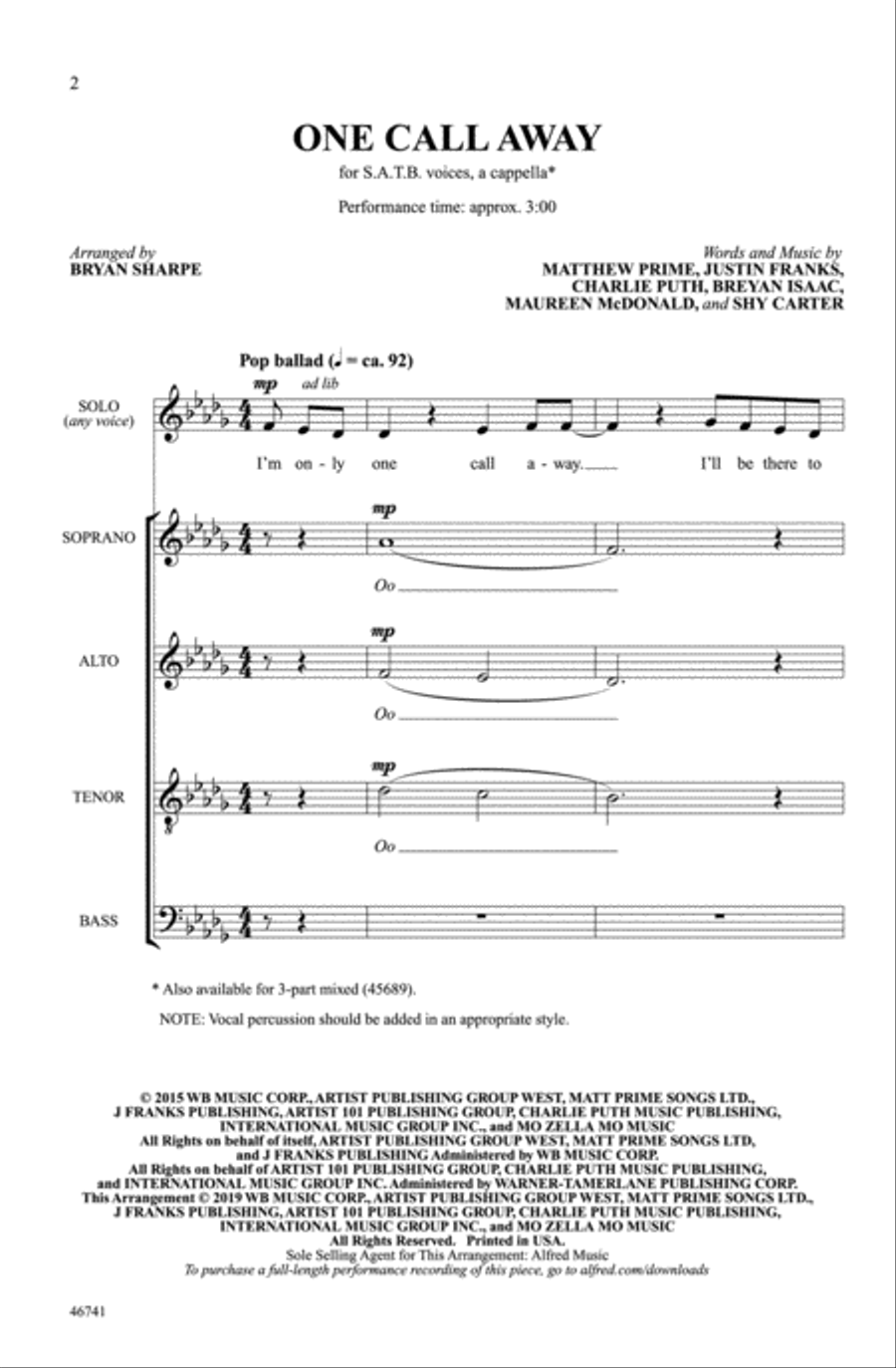 One Call Away One Call Away Choir scores gallery preview page 1