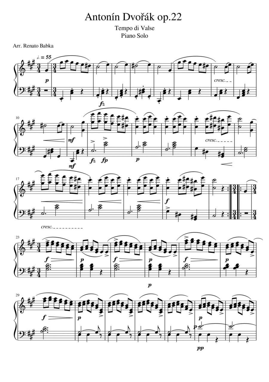 Antonín Dvořák op. 22 Serenade - Tempo di Valse, Piano Solo version. Piano Solo scores gallery preview page 1