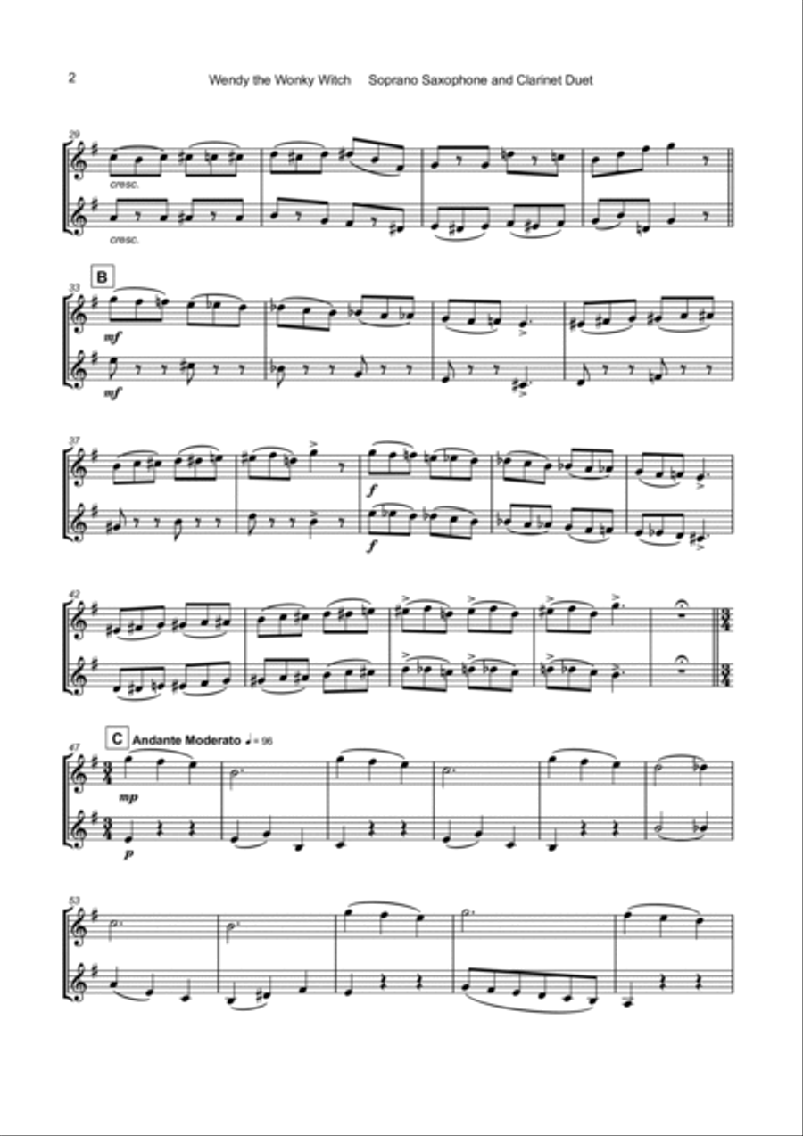 Wendy the Wonky Witch, Halloween Duet for Soprano Saxophone and Clarinet Woodwind Duet scores gallery preview page 3