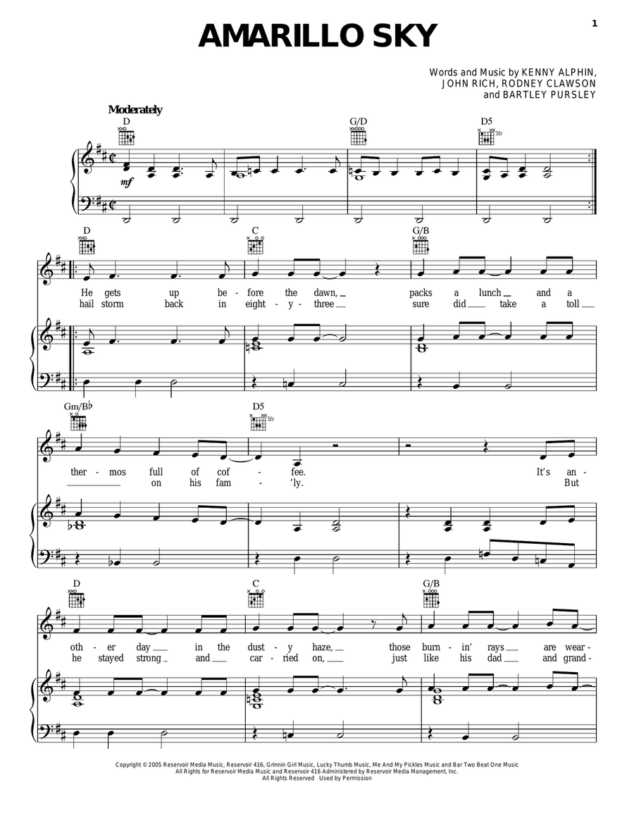 Amarillo Sky Amarillo Sky Piano, Vocal, Guitar scores gallery preview page 1