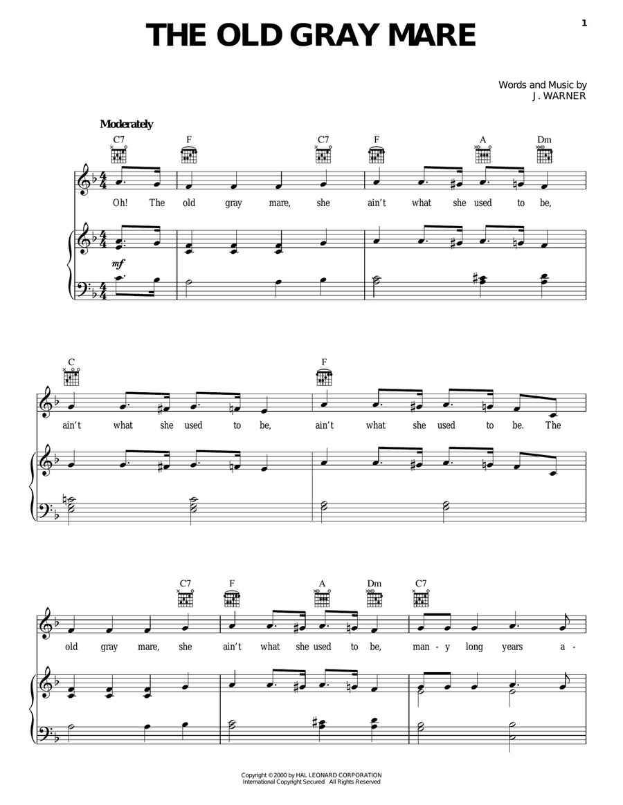The Old Gray Mare Piano, Vocal, Guitar scores gallery preview page 1