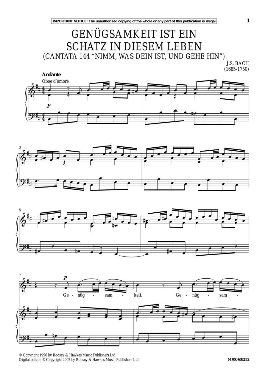Genugsamkeit Ist Ein Schatz In Diesem Leben (Cantata 144 Nimm, Was Dein Ist, Und Gehe Hin)