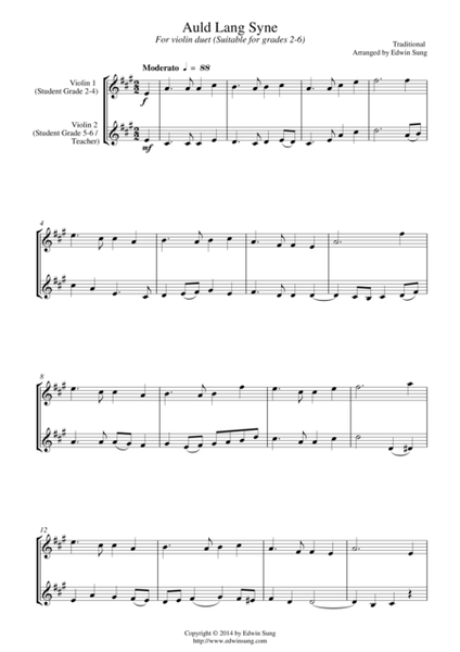 Auld Lang Syne (for violin duet, suitable for grades 2-6) image number null