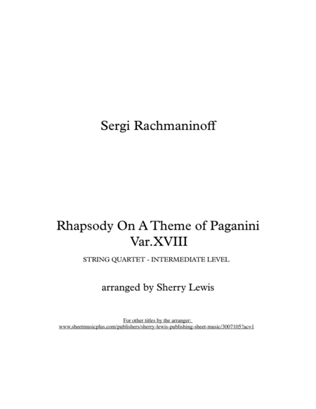 RHAPSODY ON A THEME OF PAGANINI String Quartet, Intermediate Level for 2 violins, viola and cello image number null