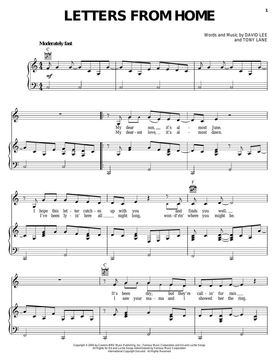 Letters From Home Piano, Vocal, Guitar scores gallery preview page 1