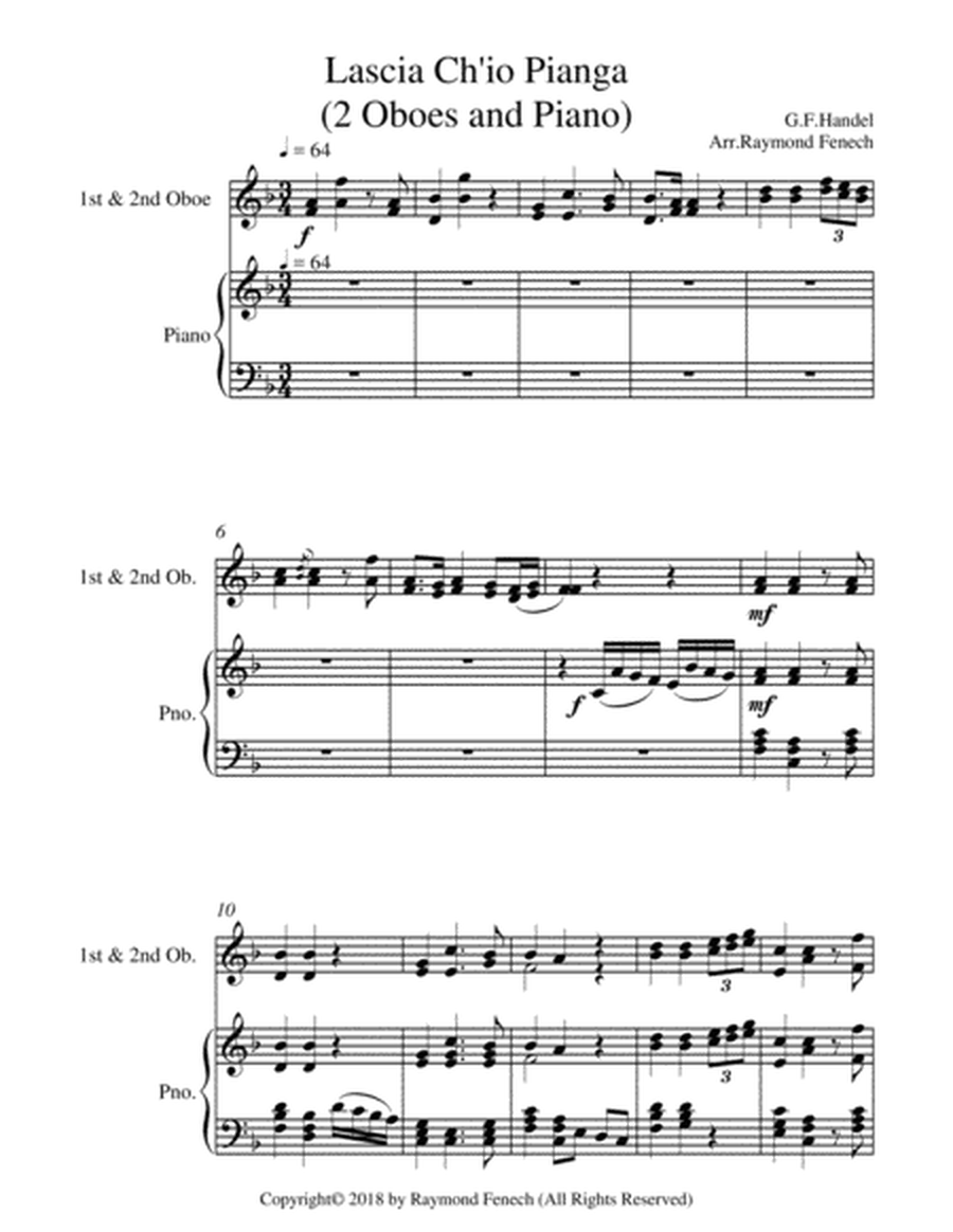 Lascia Ch'io Pianga - From Opera 'Rinaldo' - G.F. Handel ( 2 Oboes and Piano) image number null