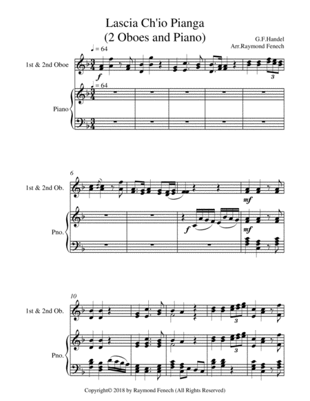 Lascia Ch'io Pianga - From Opera 'Rinaldo' - G.F. Handel ( 2 Oboes and Piano) image number null