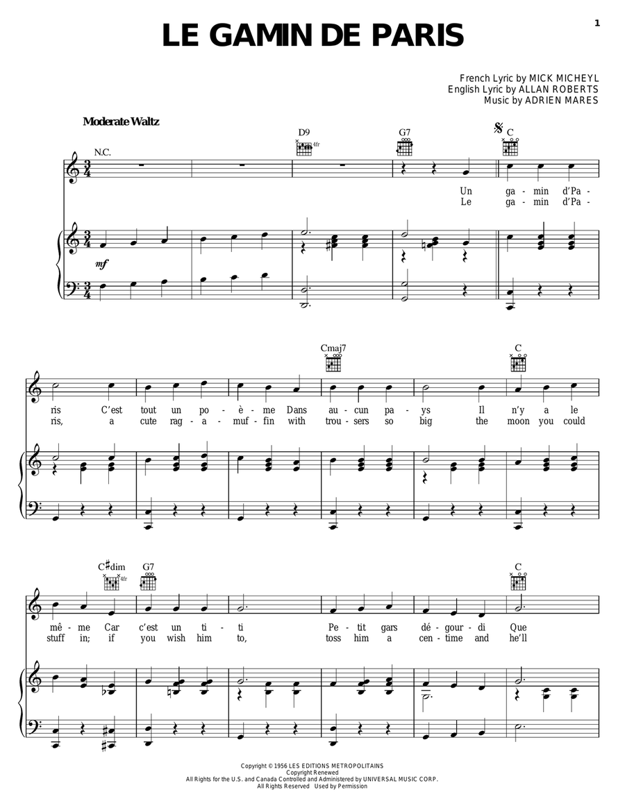 Le Gamin De Paris Le Gamin De Paris Piano, Vocal, Guitar scores gallery preview page 1