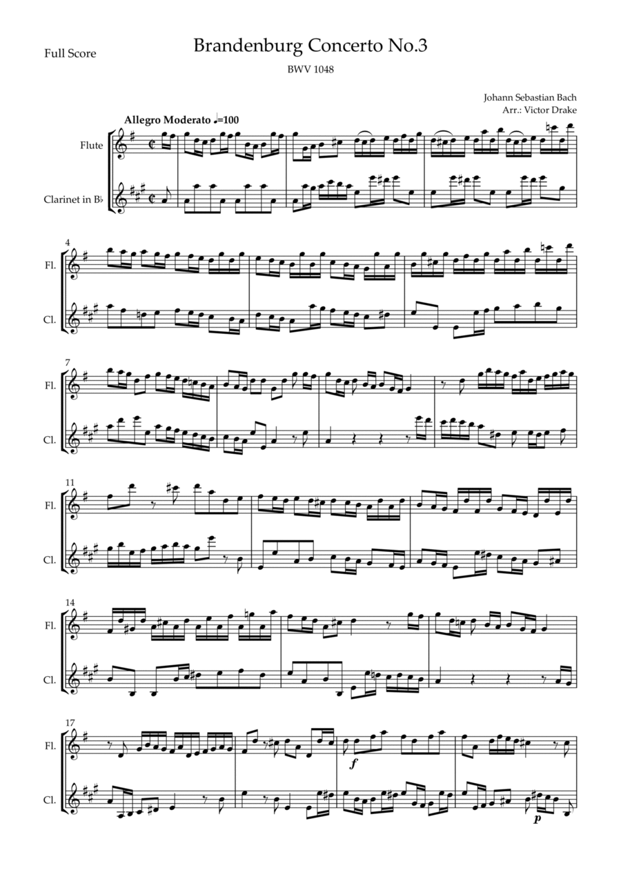 Brandenburg Concerto No. 3 in G major, BWV 1048 1st Mov. (J.S. Bach) for Flute & Clarinet Duo Woodwind Duet scores gallery preview page 1