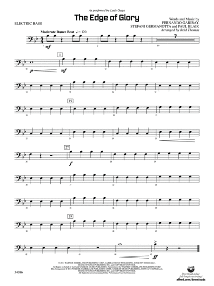 The Edge of Glory: Electric Bass Concert Band scores gallery preview page 1