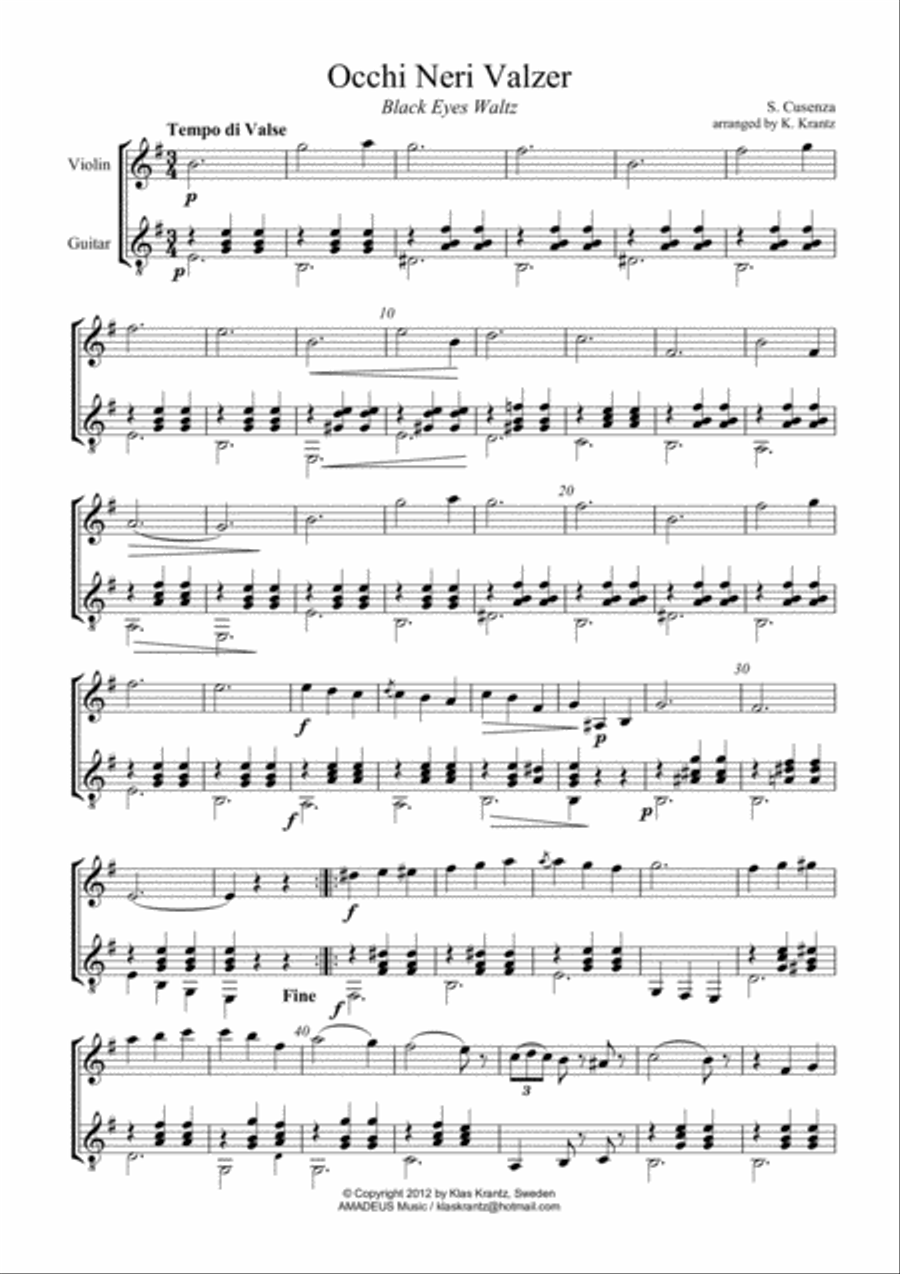 Occhi Neri Valzer / Black Eyes Italian Waltz for violin (mandoline) and guitar String Duet scores gallery preview page 1