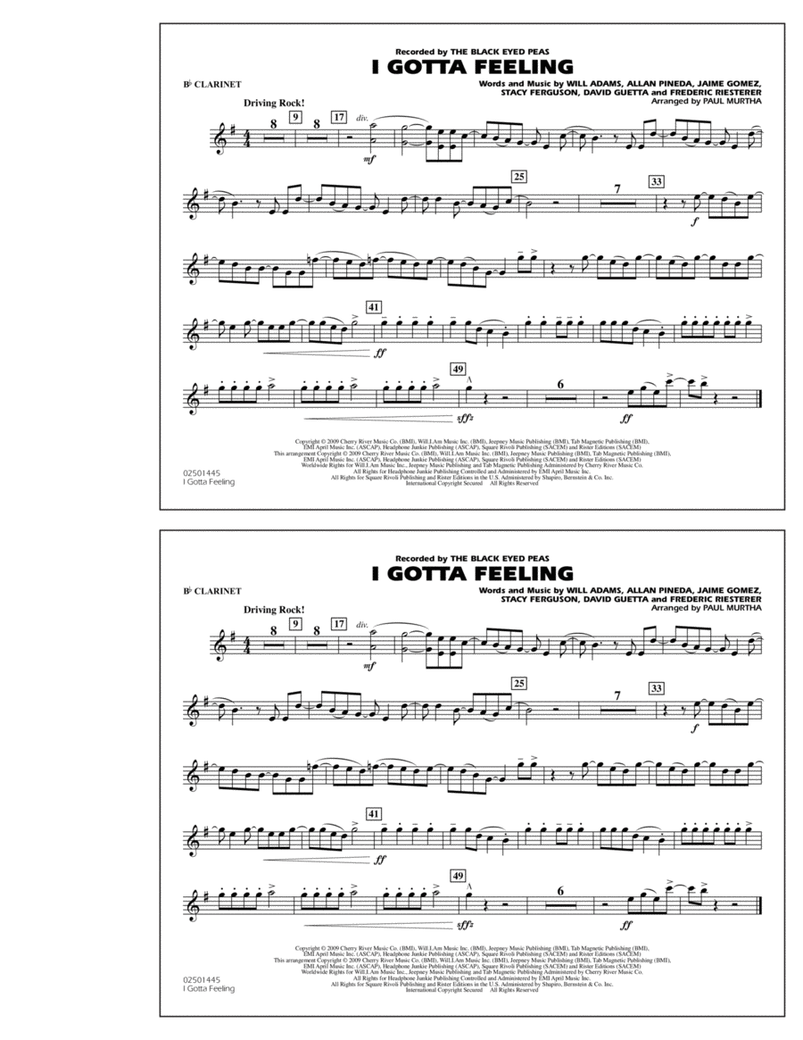 I Gotta Feeling - Bb Clarinet Marching Band scores gallery preview page 1