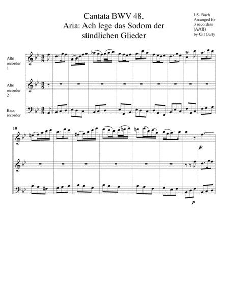 Aria: Ach, lege das Sodom der sündlichen Glieder from cantata BWV 48 (arrangement for 3 recorders)