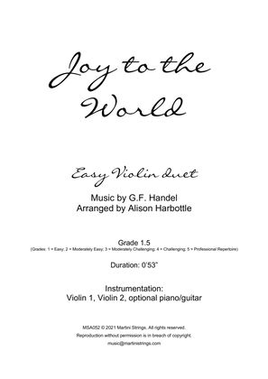 Book cover for Joy to the World - easy violin duet