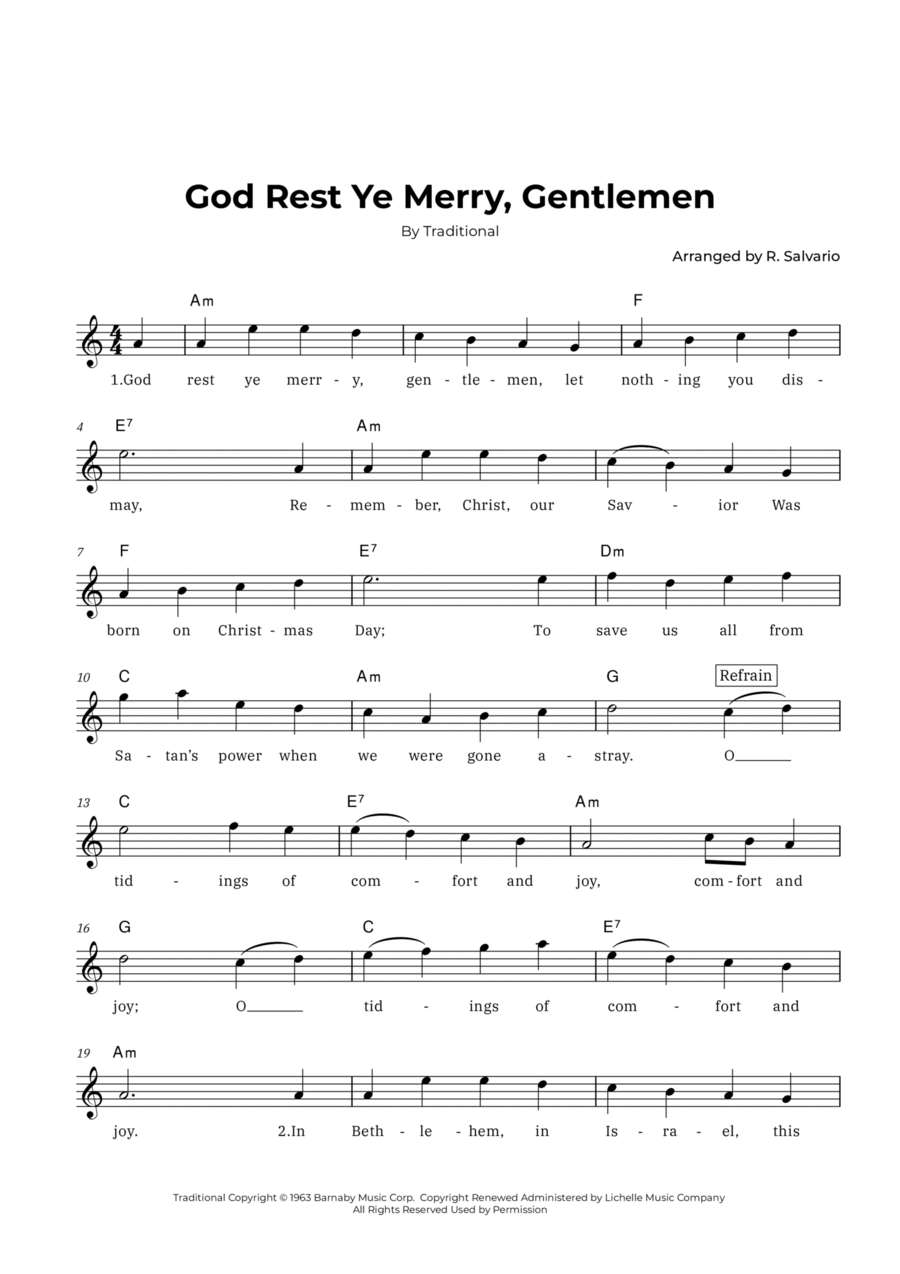 God Rest Ye Merry, Gentlemen (Key of A minor) Easy Piano scores gallery preview page 1