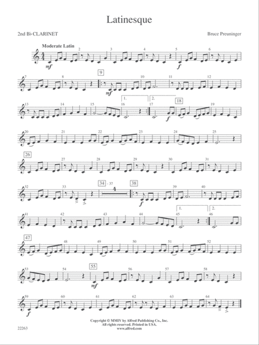 Latinesque: 2nd B-flat Clarinet Concert Band scores gallery preview page 1