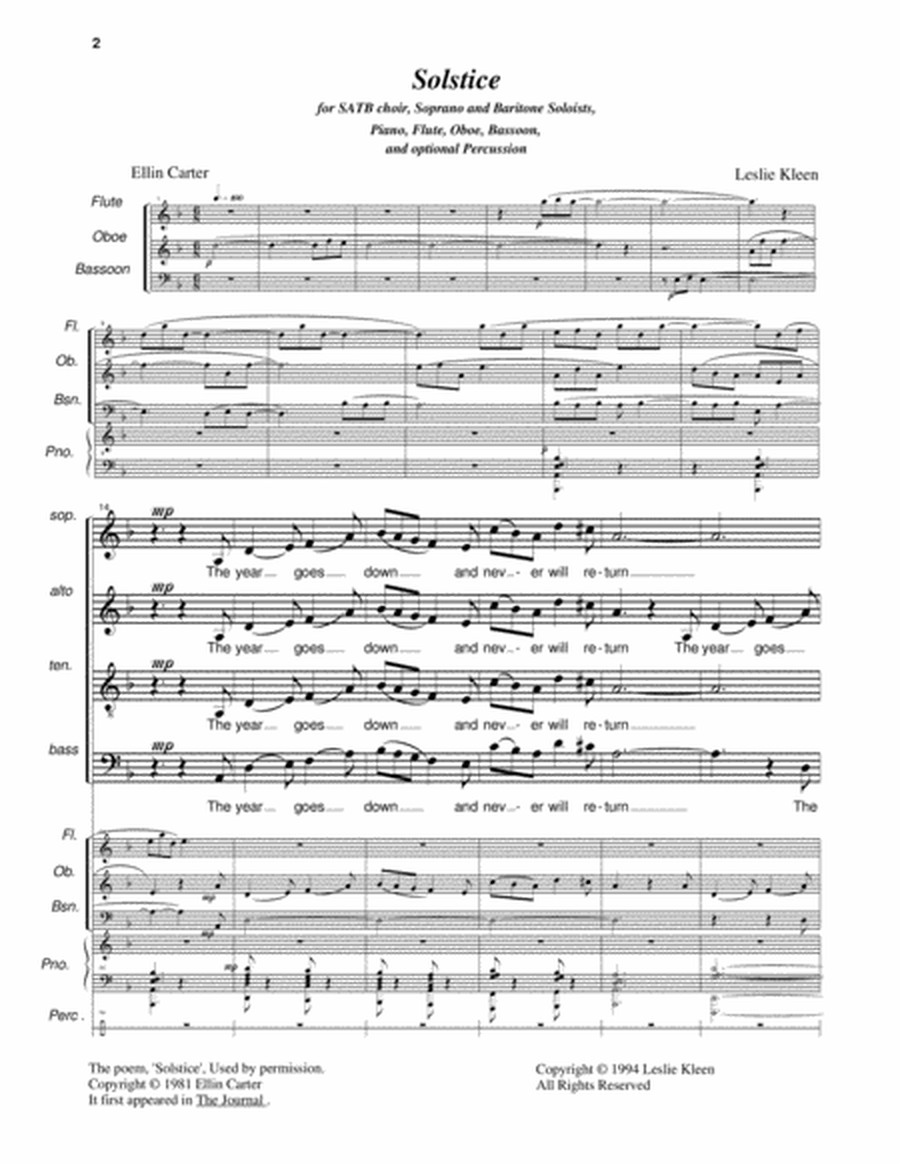 Solstice for SATB choir, soprano and baritone solo, piano, flute, oboe, bassoon, and optional percus image number null
