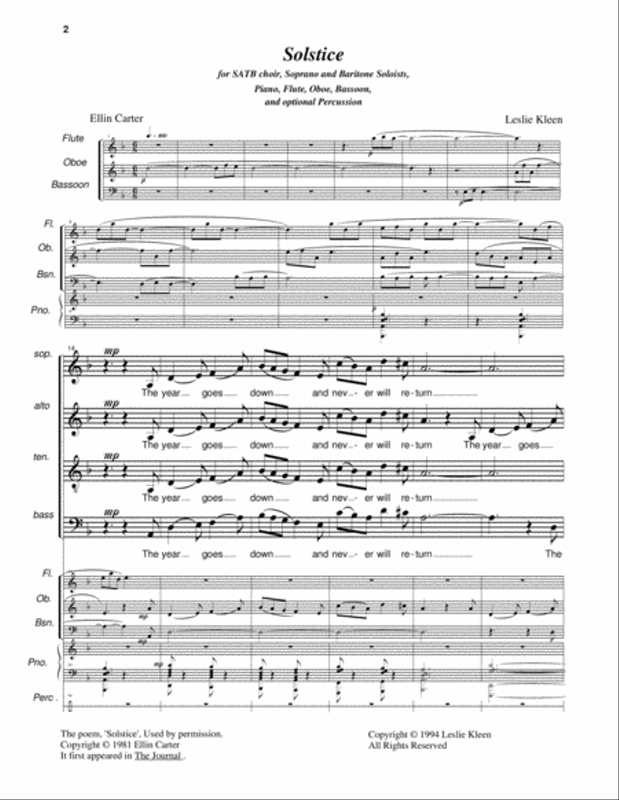 Solstice for SATB choir, soprano and baritone solo, piano, flute, oboe, bassoon, and optional percus 4-Part scores gallery preview page 2