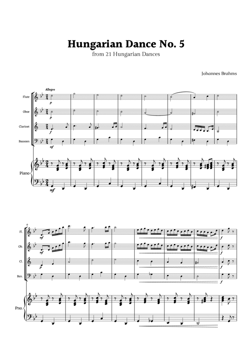 Hungarian Dance No. 5 by Brahms for Woodwinds Quartet and Piano image number null