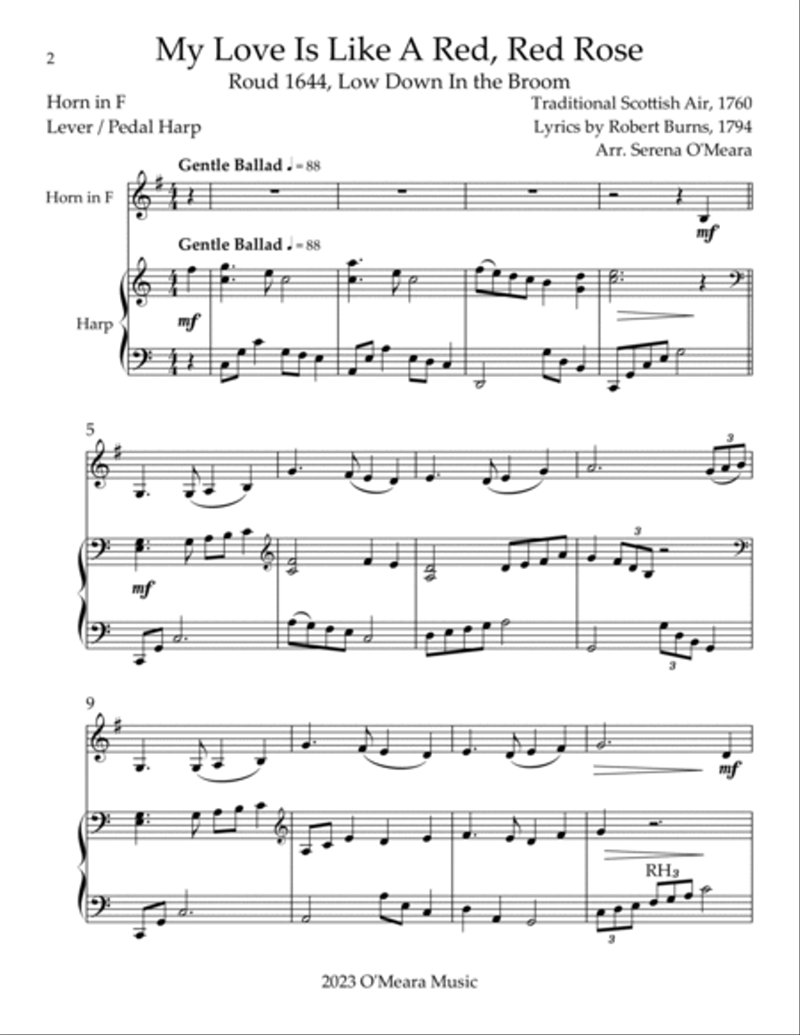 My Love Is Like A Red, Red Rose, Duet for Horn in F & Harp Harp scores gallery preview page 2