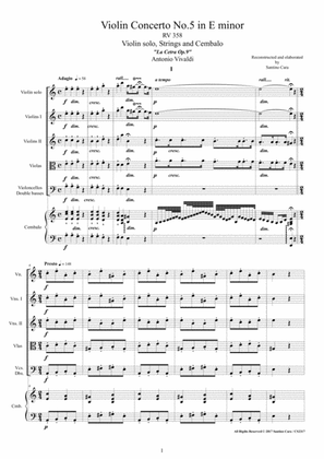 Book cover for Vivaldi - Violin Concerto No.5 in E minor RV 358 Op.9 for Violin, Strings and Cembalo