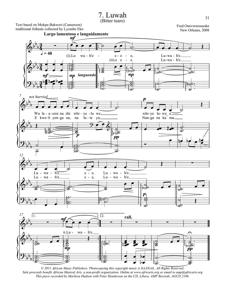 Twelve African Songs for Solo Voice and Piano - 7. LUWAH (Bitter Tears) Voice Solo scores gallery preview page 1