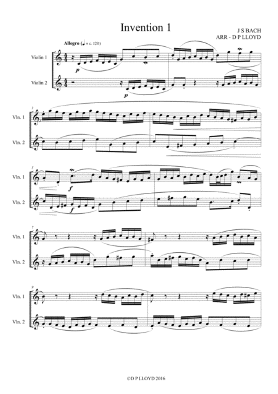 Violin duets - 5 J S Bach keyboard inventions arranged for 2 Violins. String Duet scores gallery preview page 1