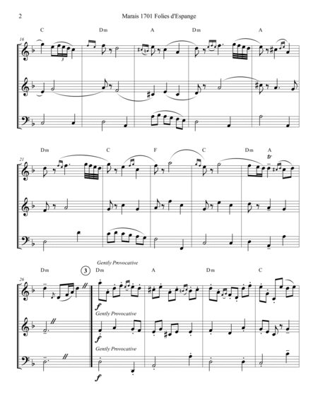Marais 1701 Folies d'Espagne Double Reed Trio Score and Parts