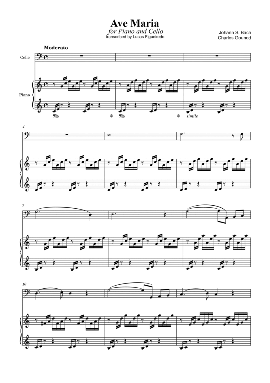 Ave Maria (Bach-Gounod) in C Major for Piano and Cello Piano scores gallery preview page 1