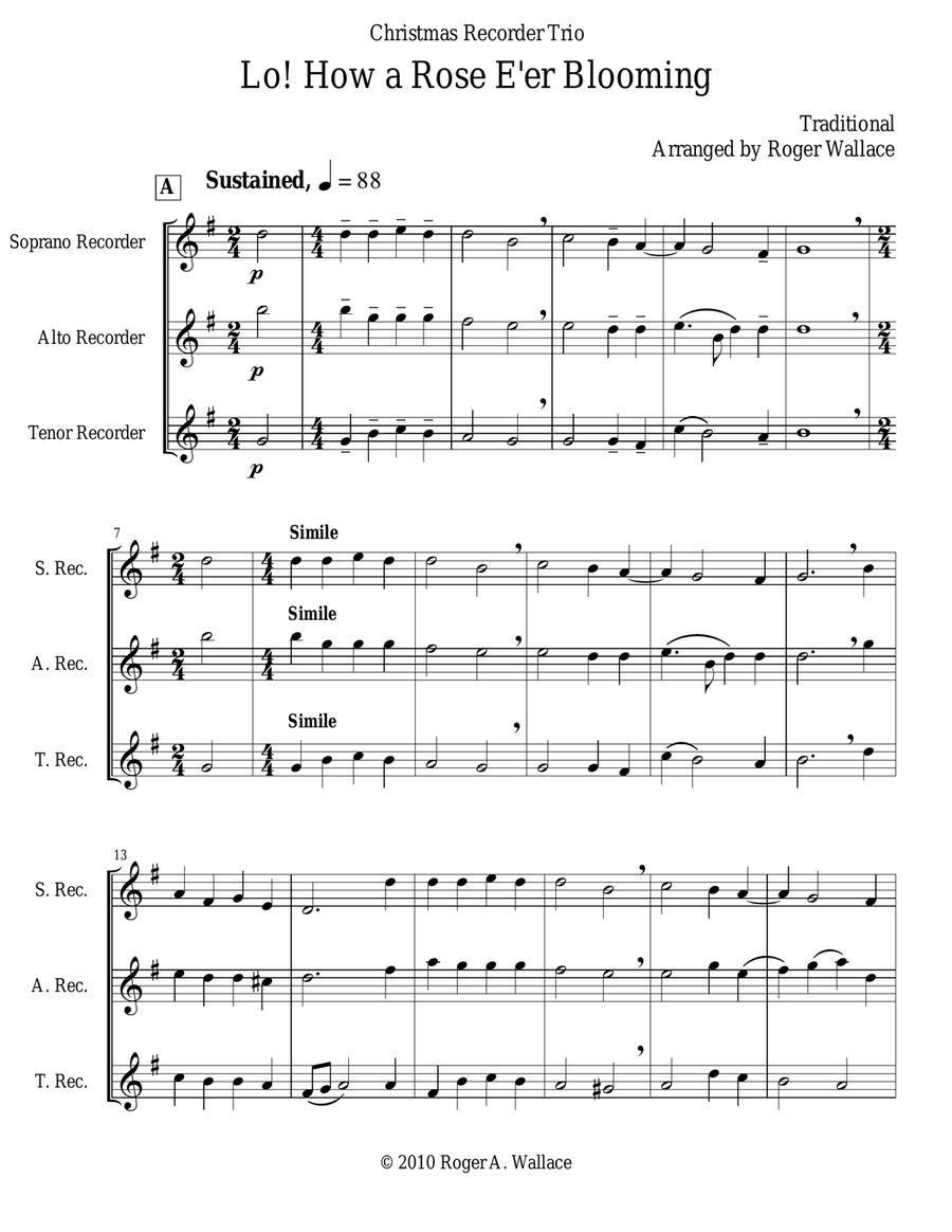 Lo! How a Rose E'er Blooming (Recorder Trio) Soprano Recorder scores gallery preview page 1