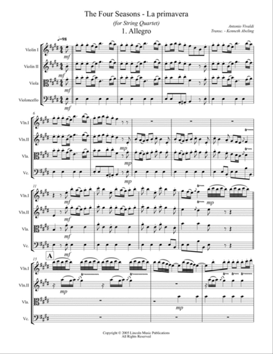 The Four Seasons - La Primavera (for String Quartet) String Quartet scores gallery preview page 2