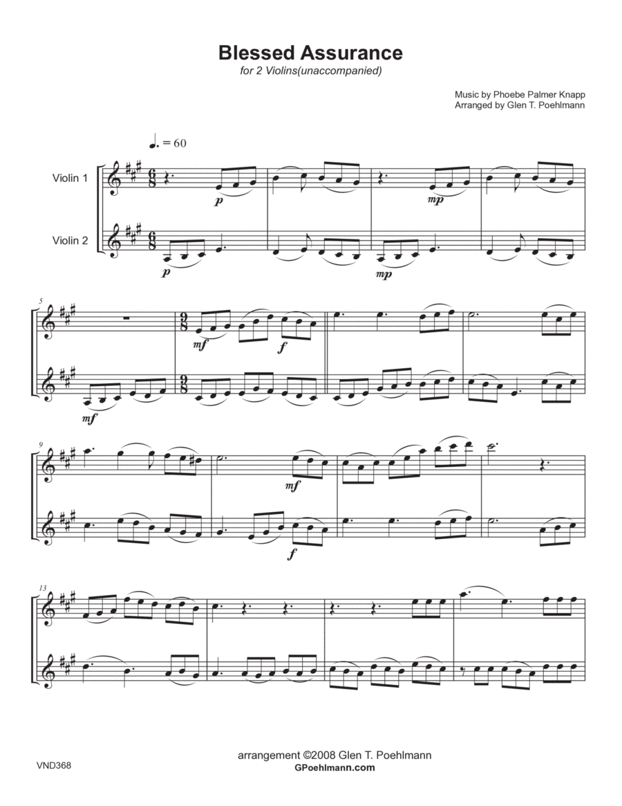 BLESSED ASSURANCE - VIOLIN DUET (unaccompanied) - Grade 3 String Duet scores gallery preview page 1