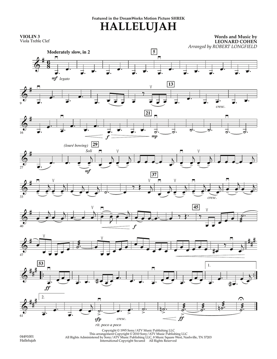 Hallelujah - Violin 3 (Viola Treble Clef) Orchestra scores gallery preview page 1