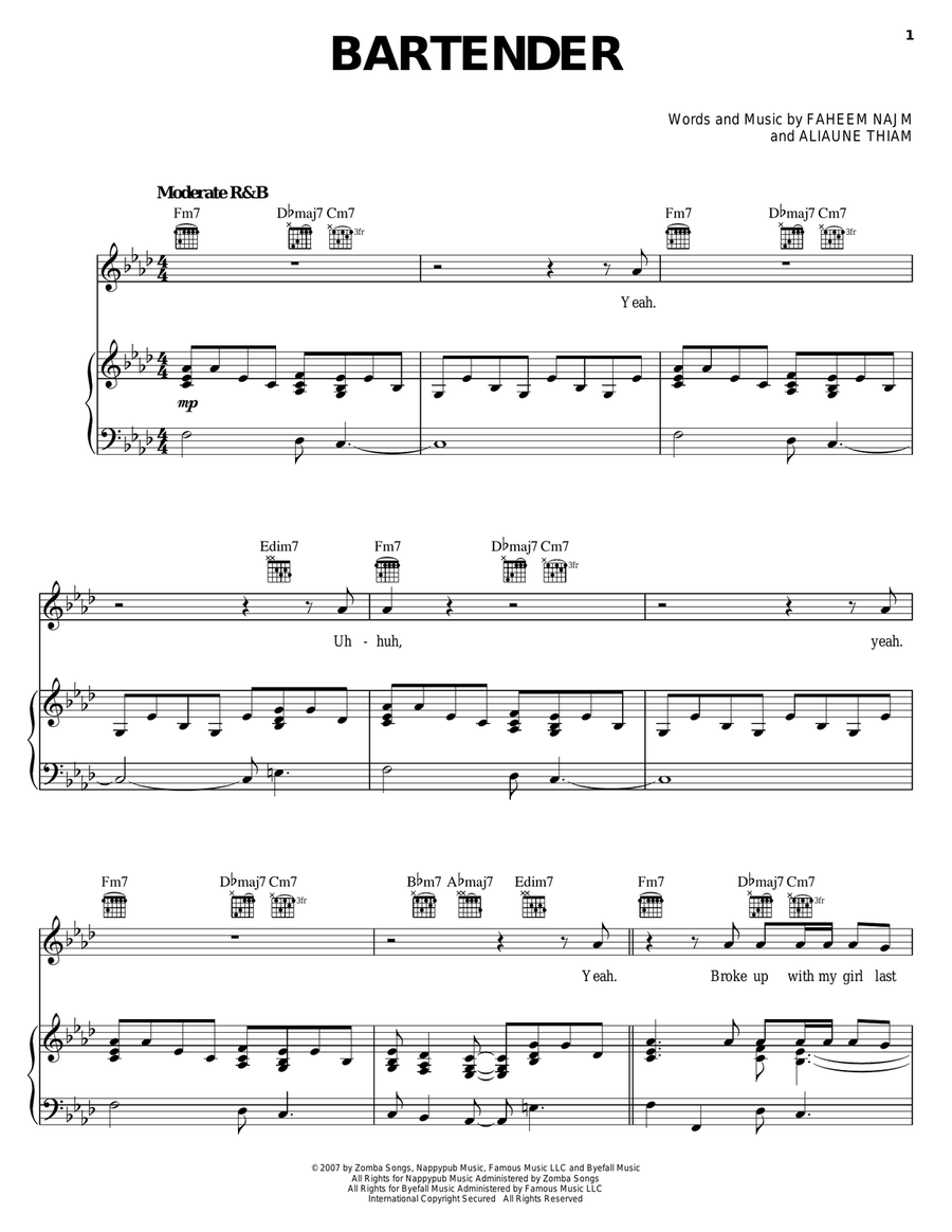 Bartender Piano, Vocal, Guitar scores gallery preview page 1