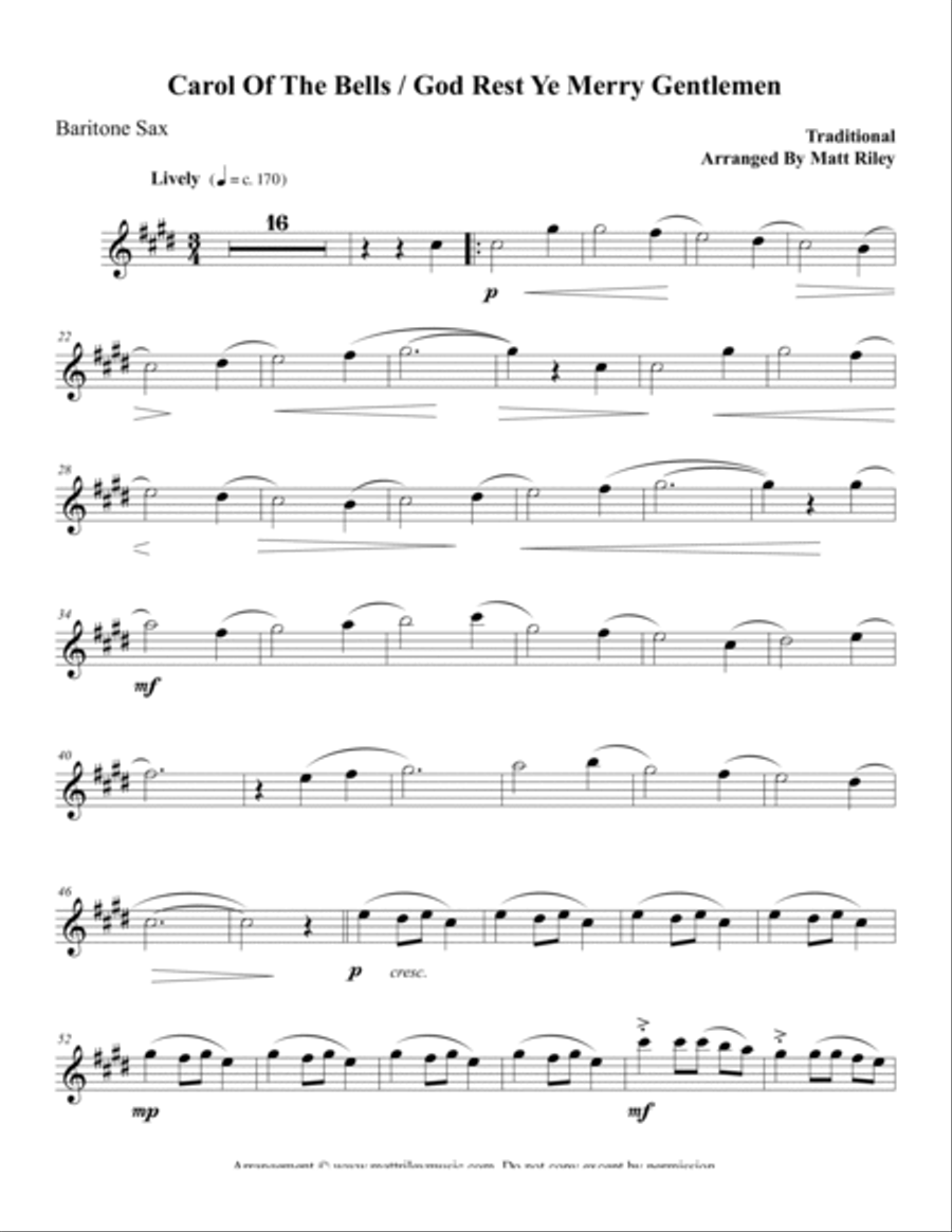 Carol of the Bells / God Rest Ye Merry Gentlemen – Baritone Sax Woodwind Duet scores gallery preview page 5
