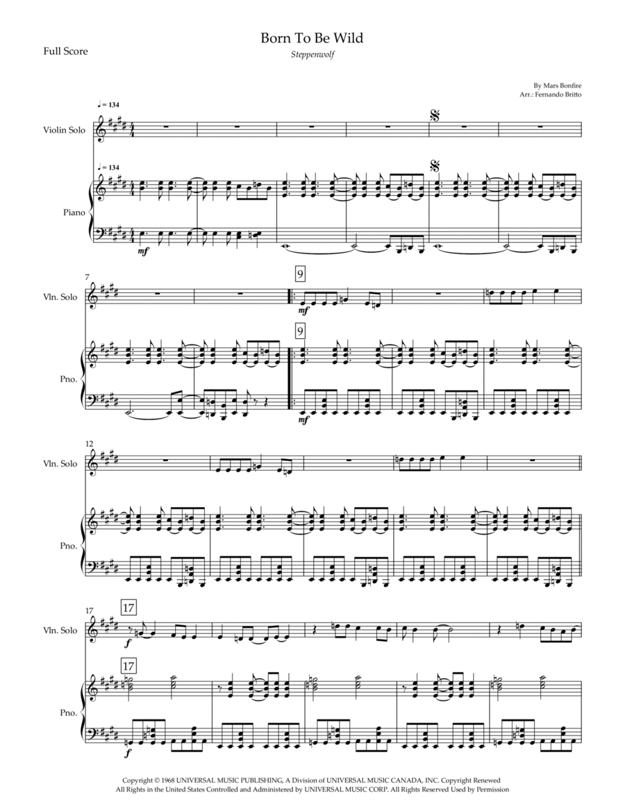 Born To Be Wild Born To Be Wild Violin Solo scores gallery preview page 1