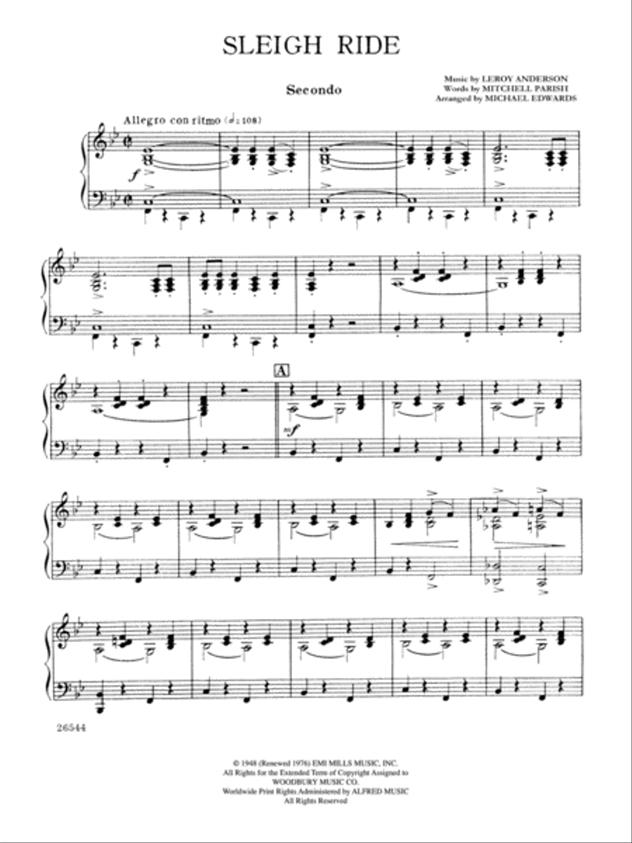 Book cover for Sleigh Ride - Piano Duet (1 Piano, 4 Hands)