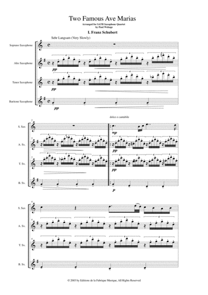 Two Famous Ave Marias (Bach-Gounod and Schubert) arranged for SATB saxophone quartet