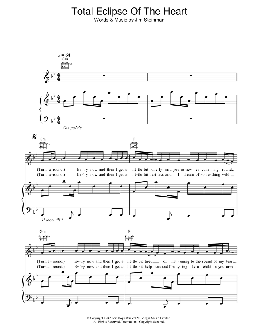 Total Eclipse Of The Heart Piano, Vocal, Guitar scores gallery preview page 1