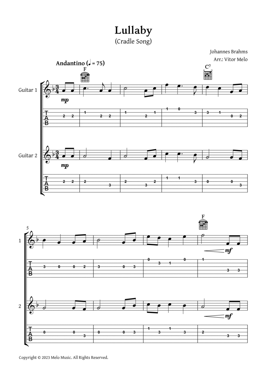 Brahms Lullaby - Guitar duet (with tabs) Classical Guitar scores gallery preview page 1