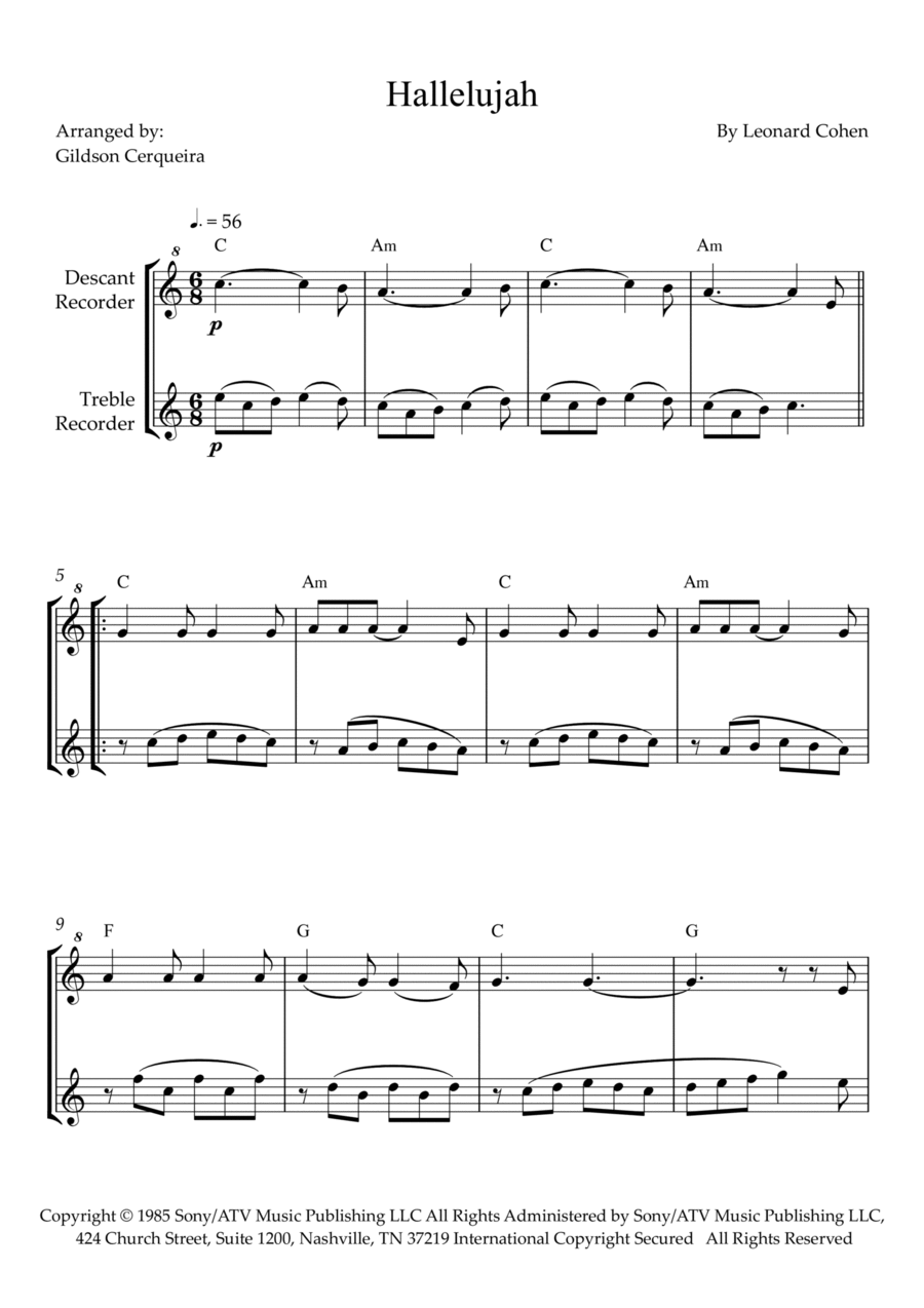 Hallelujah Woodwind Duet scores gallery preview page 1