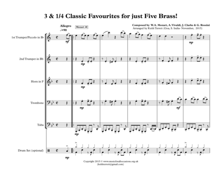 3 1/4 Classics for Brass Quintet & Drum kit ''Jazz for 5 Brass Series'' image number null