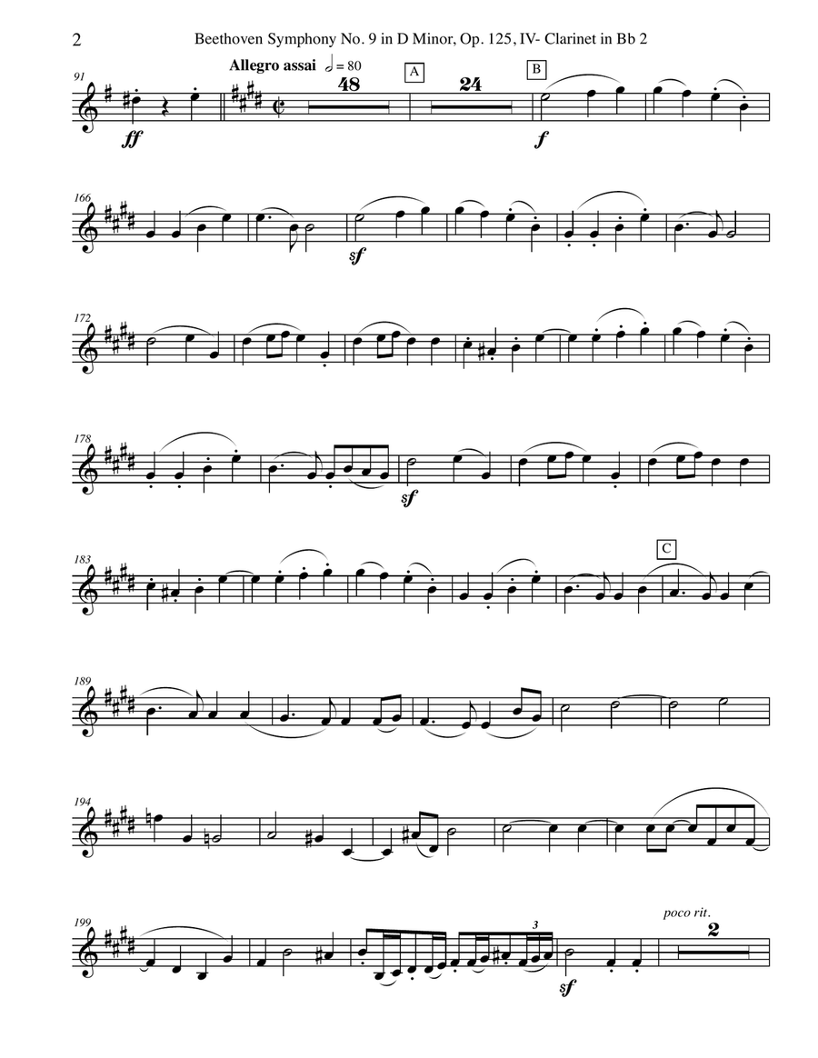Beethoven Symphony No. 9, Movement IV - Clarinet in Bb 2 (Transposed Part), Op. 125 B-Flat Clarinet scores gallery preview page 2