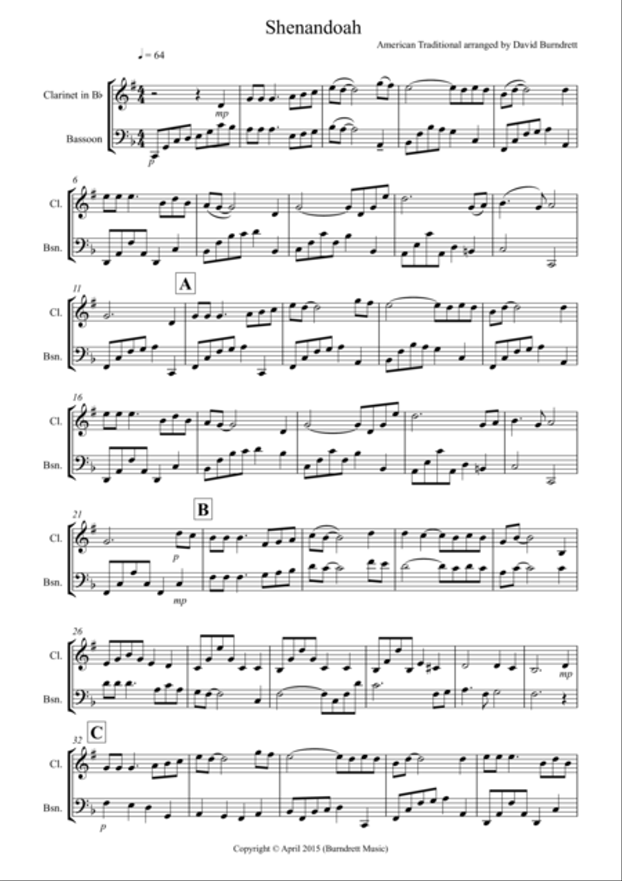 Shenandoah for Clarinet and Bassoon Woodwind Duet scores gallery preview page 1