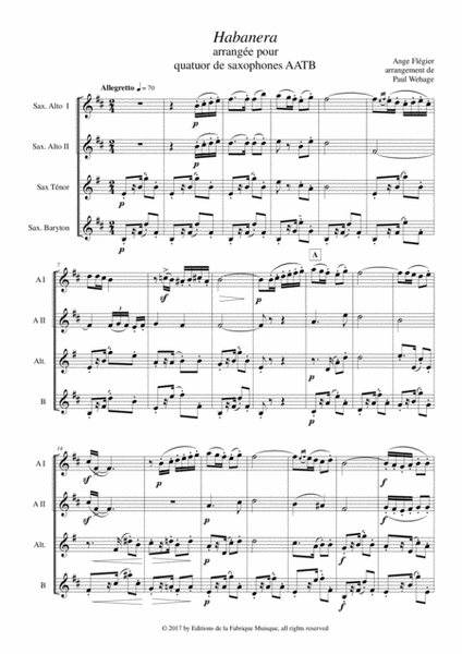 Ange Flégier: Habanera, arranged for 2 alto saxophones, tenor saxophone and baritone saxophone