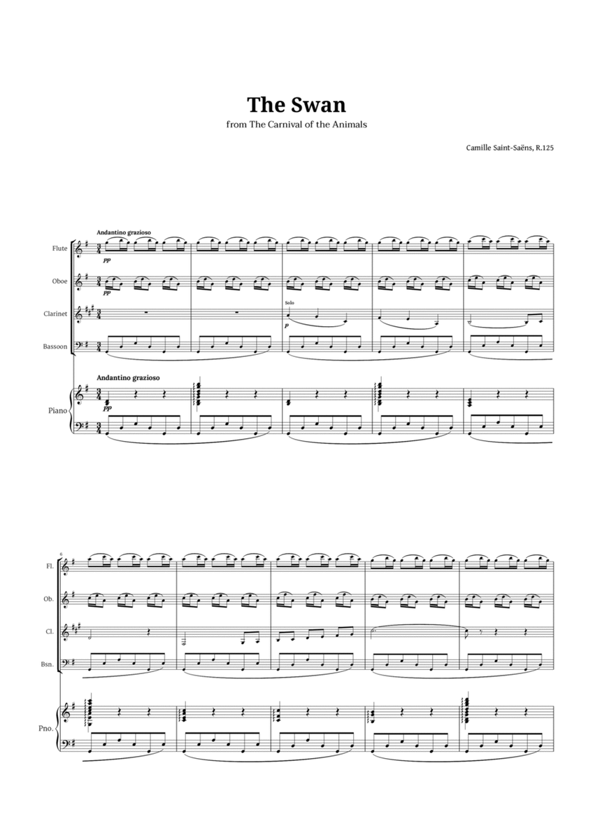 The Swan by Saint-Saëns for Woodwind Quartet and Piano image number null