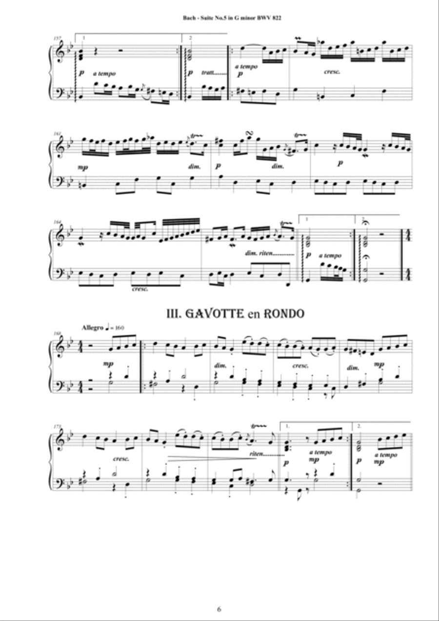 Bach - Piano Suite No.5 in G minor BWV 822 - Complete Piano version Piano Solo scores gallery preview page 6