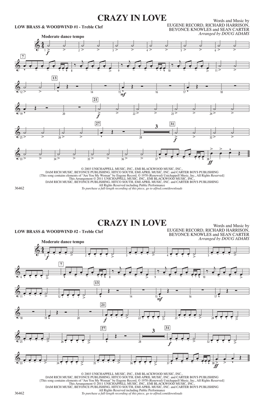 Crazy In Love: Low Brass & Woodwinds #1 - Treble Clef