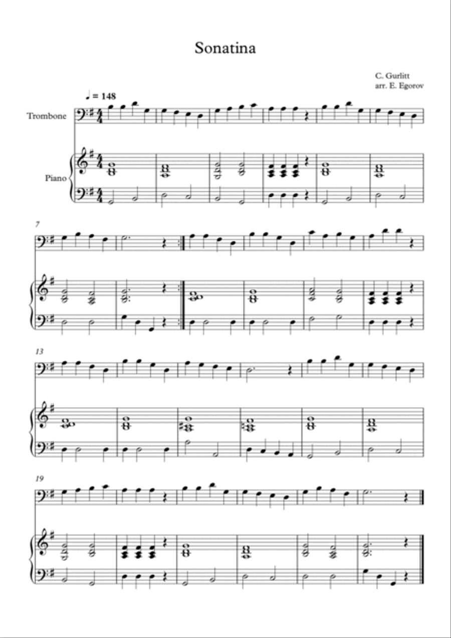 Sonatina, Cornelius Gurlitt, For Trombone & Piano Piano Accompaniment scores gallery preview page 1