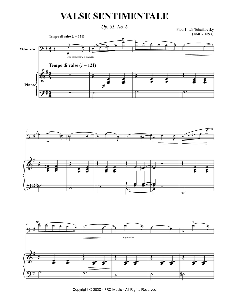 Valse Sentimentale Op. 51, No. 6 (for Violoncello and Piano) as played by YO YO MA Piano scores gallery preview page 3